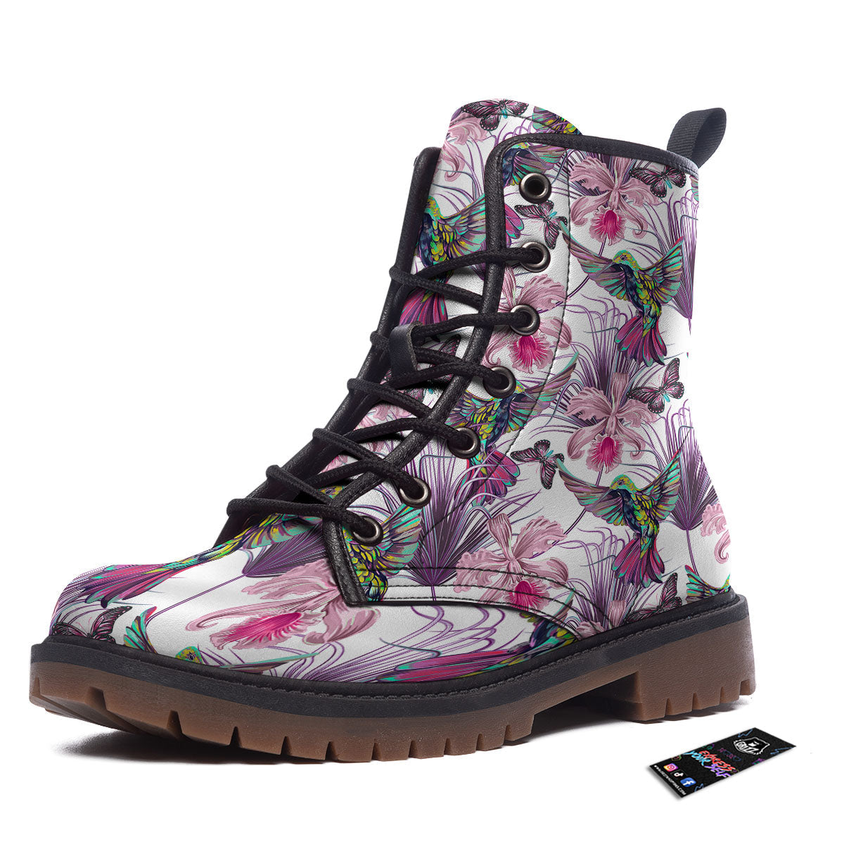 Hummingbird And Pink Flowers Print Work Boots-grizzshop