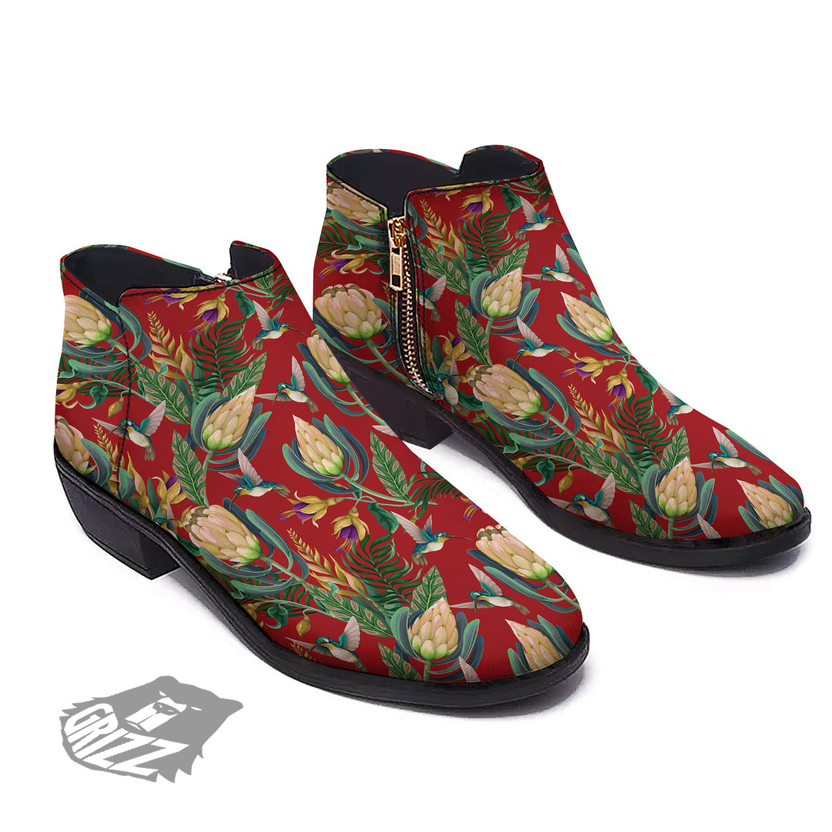 Hummingbird And Wild Flowers Print Pattern Ankle Boots-grizzshop