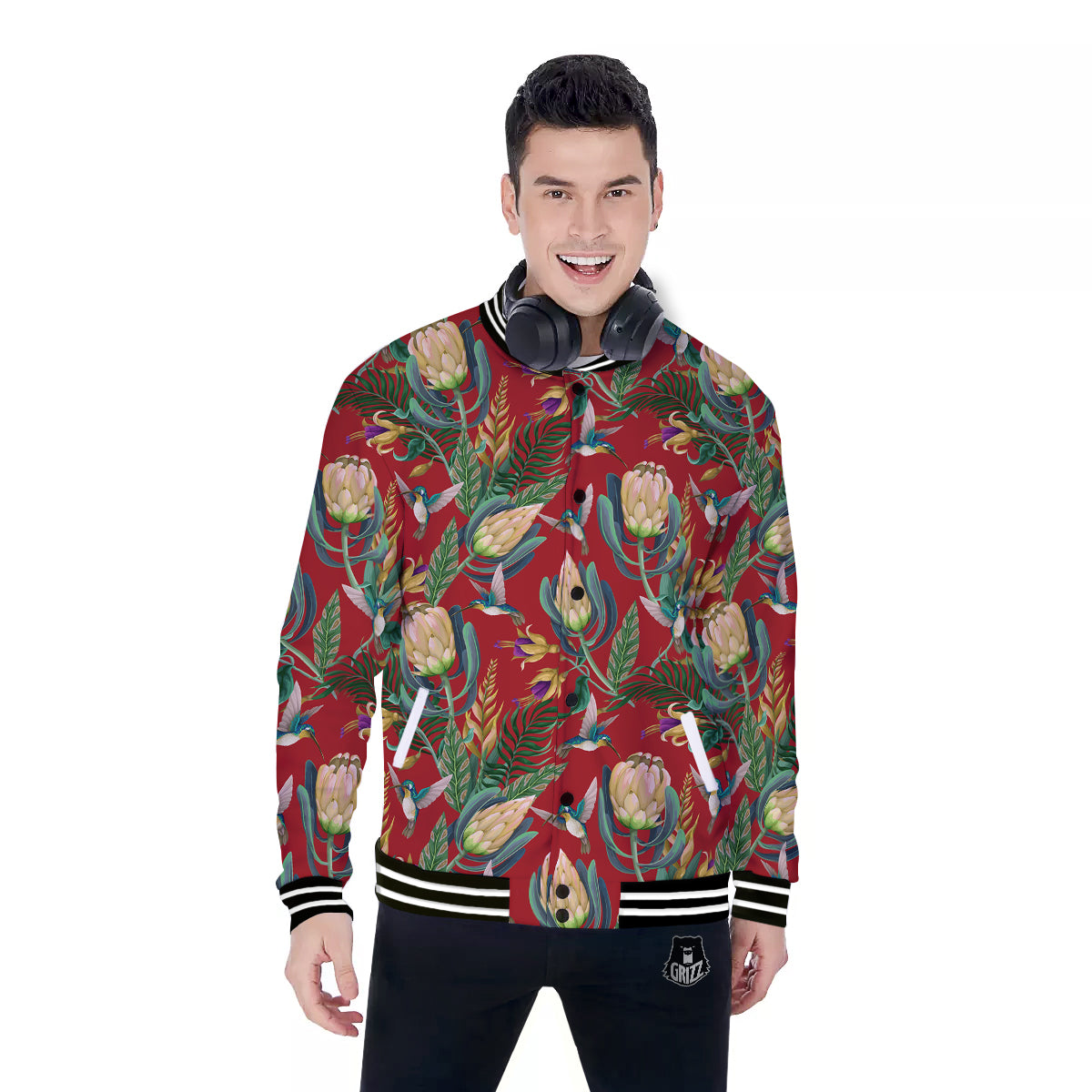 Hummingbird And Wild Flowers Print Pattern Baseball Jacket-grizzshop