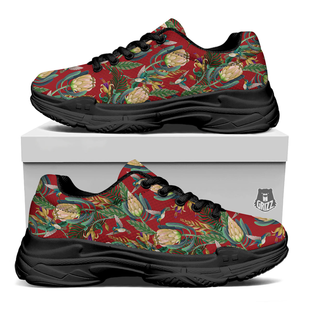 Hummingbird And Wild Flowers Print Pattern Black Chunky Shoes-grizzshop