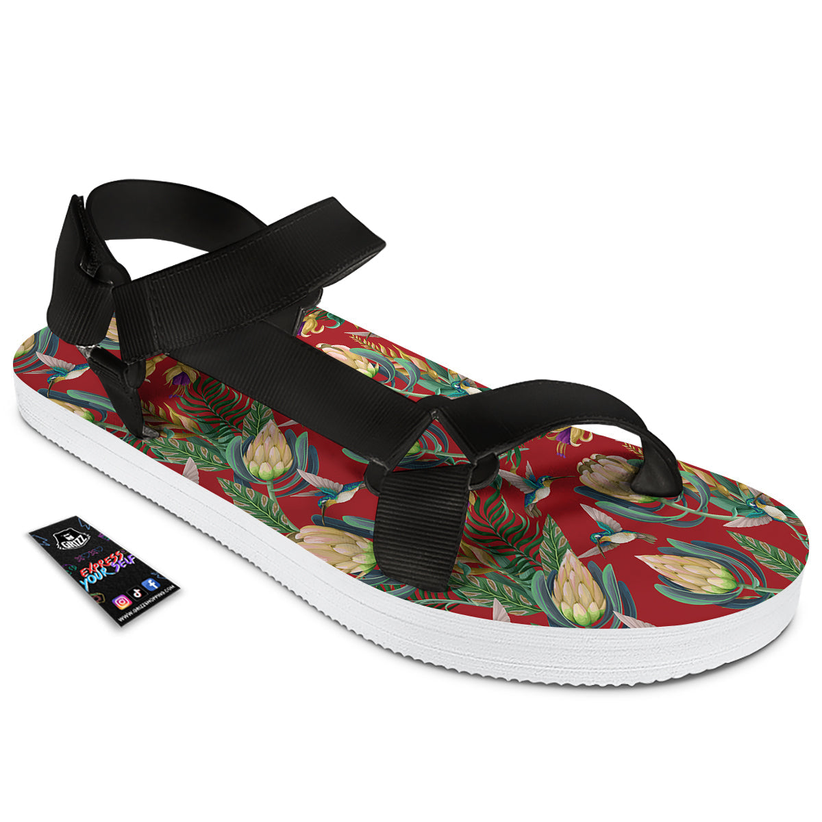 Hummingbird And Wild Flowers Print Pattern Black Open Toe Sandals-grizzshop