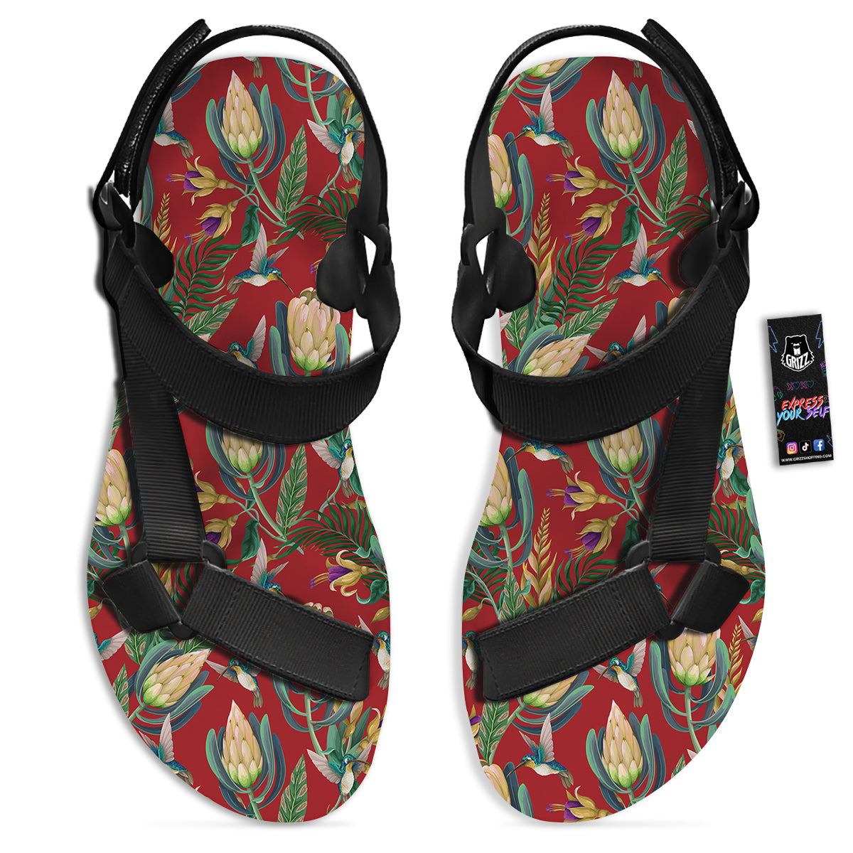 Hummingbird And Wild Flowers Print Pattern Black Open Toe Sandals-grizzshop