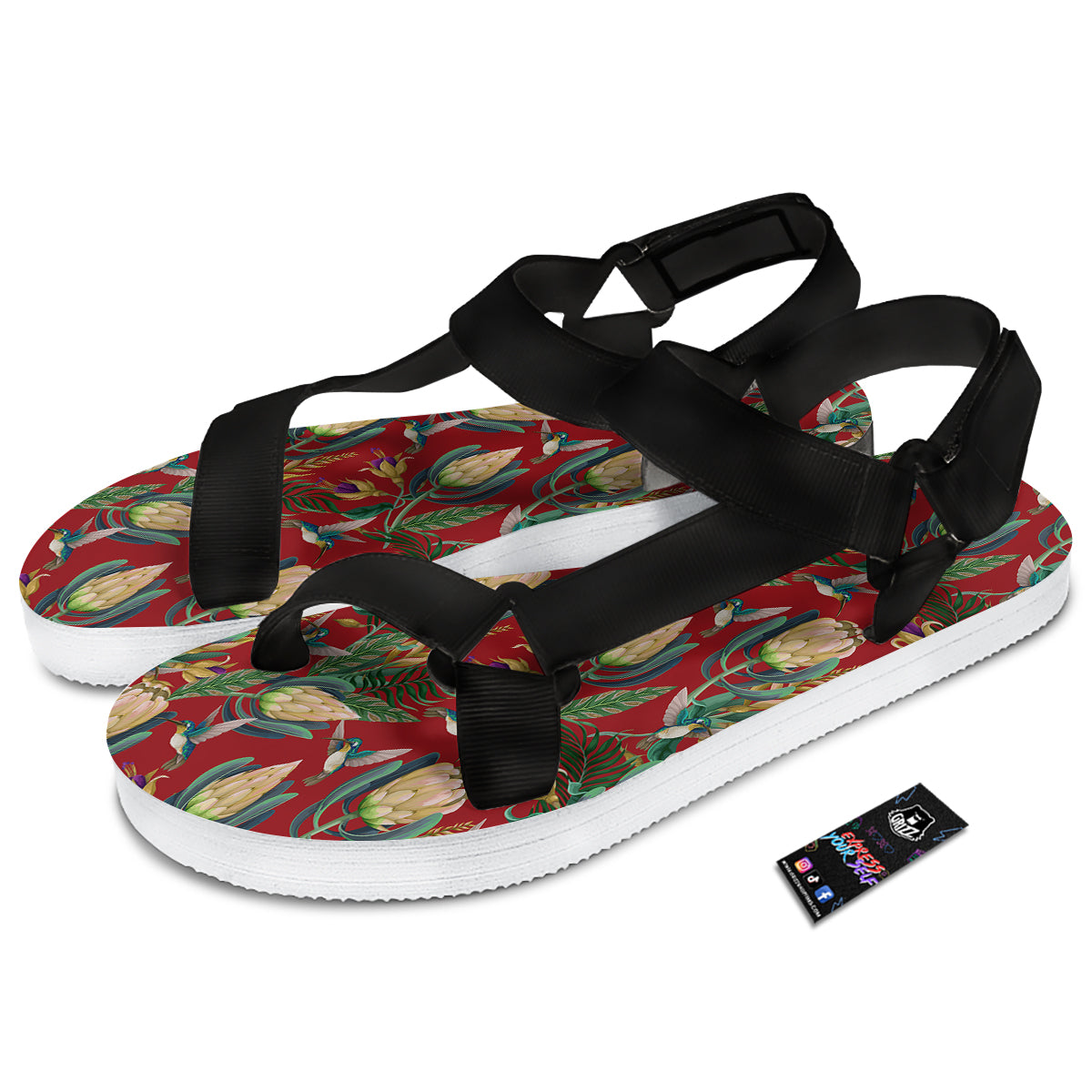 Hummingbird And Wild Flowers Print Pattern Black Open Toe Sandals-grizzshop