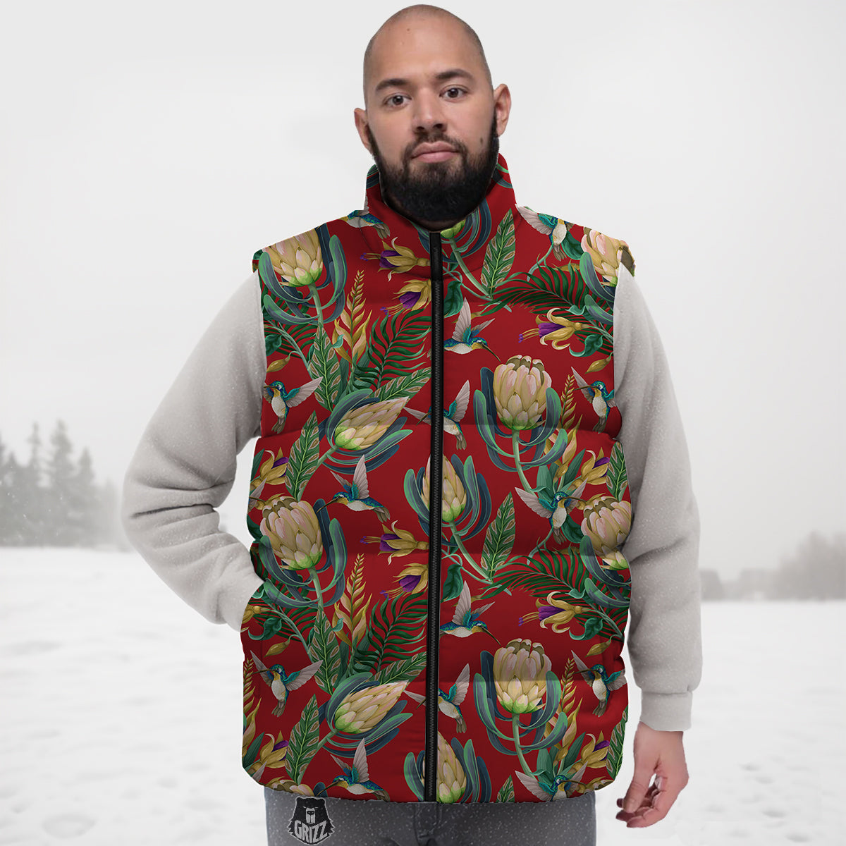 Hummingbird And Wild Flowers Print Pattern Down Vest