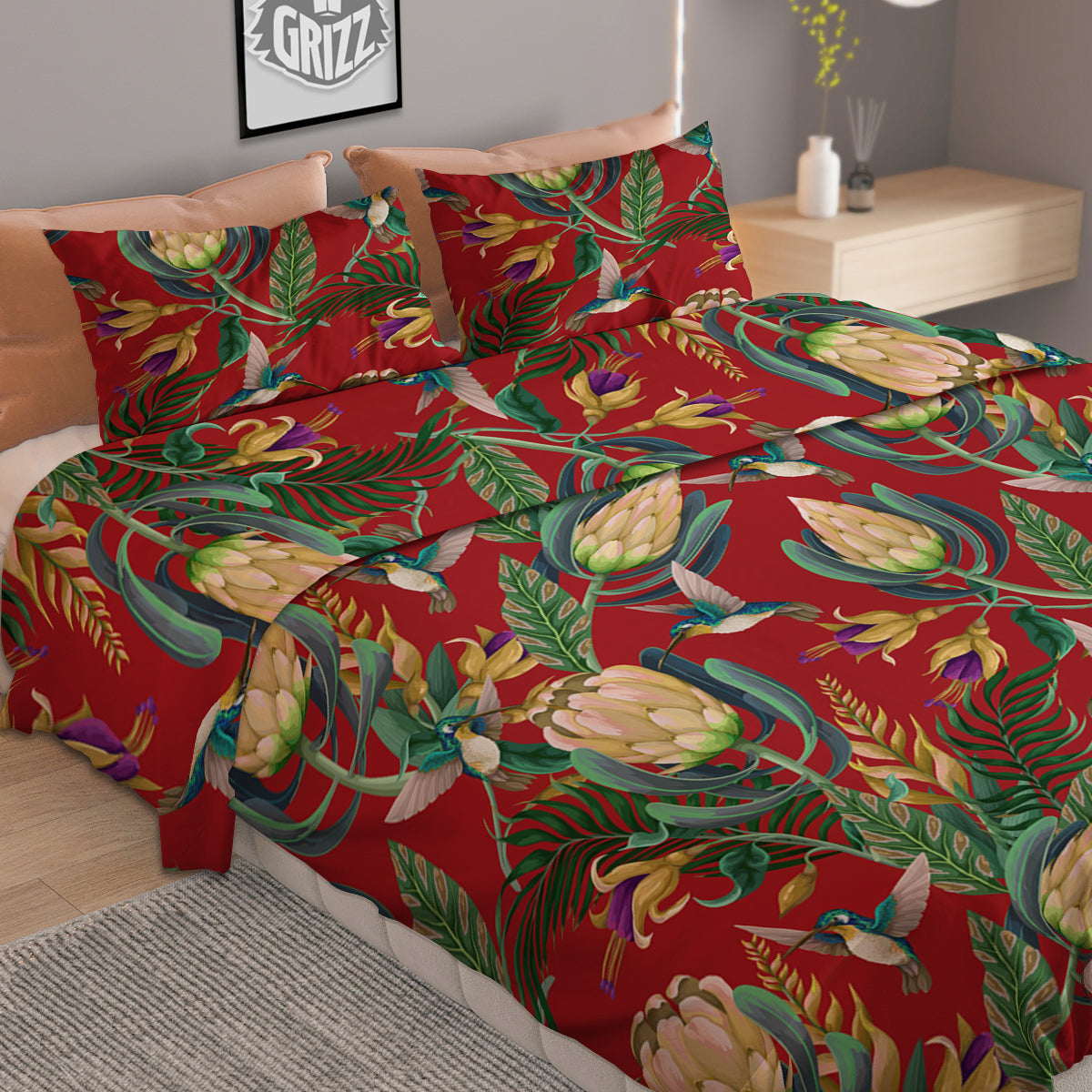 Hummingbird And Wild Flowers Print Pattern Duvet Cover Bedding Set