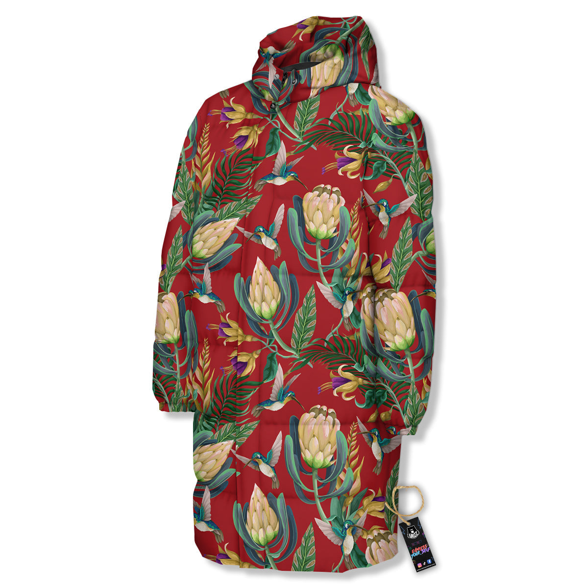 Hummingbird And Wild Flowers Print Pattern Long Down Jacket-grizzshop