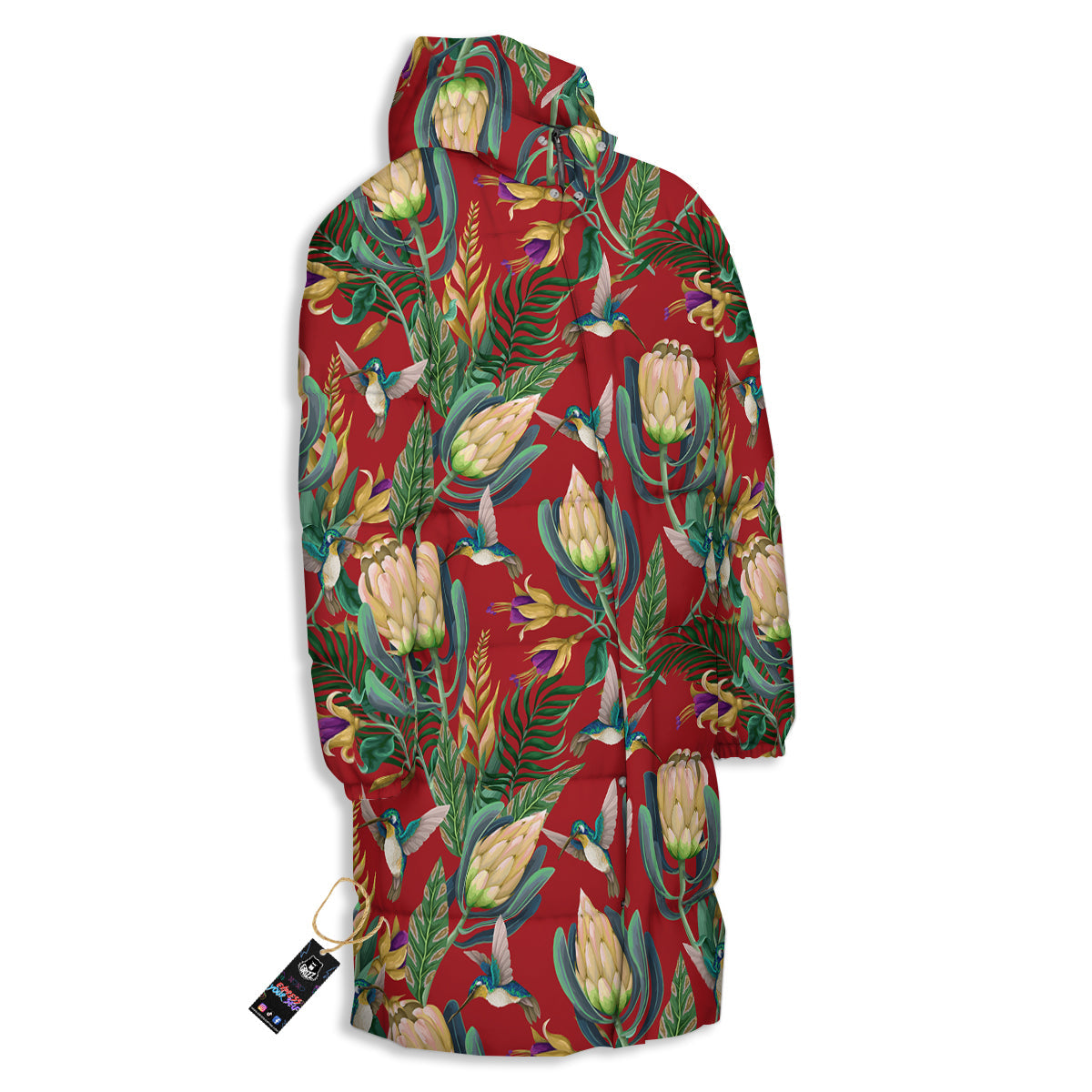Hummingbird And Wild Flowers Print Pattern Long Down Jacket-grizzshop