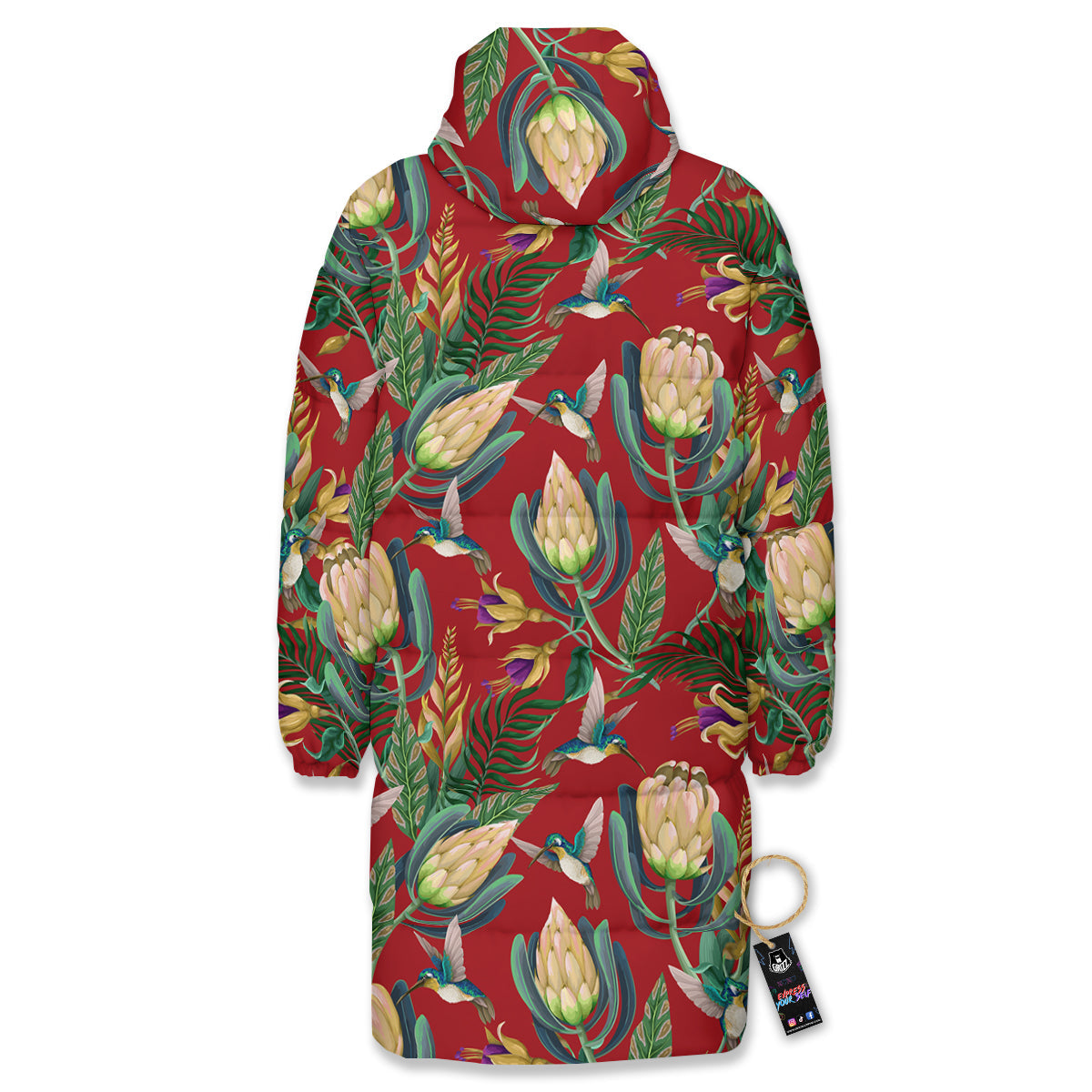 Hummingbird And Wild Flowers Print Pattern Long Down Jacket-grizzshop
