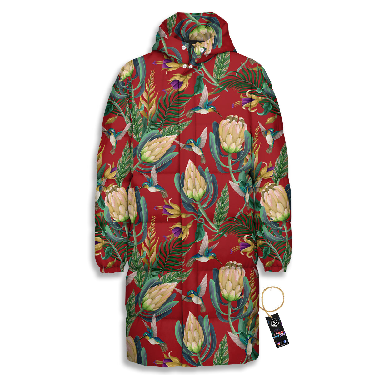 Hummingbird And Wild Flowers Print Pattern Long Down Jacket-grizzshop