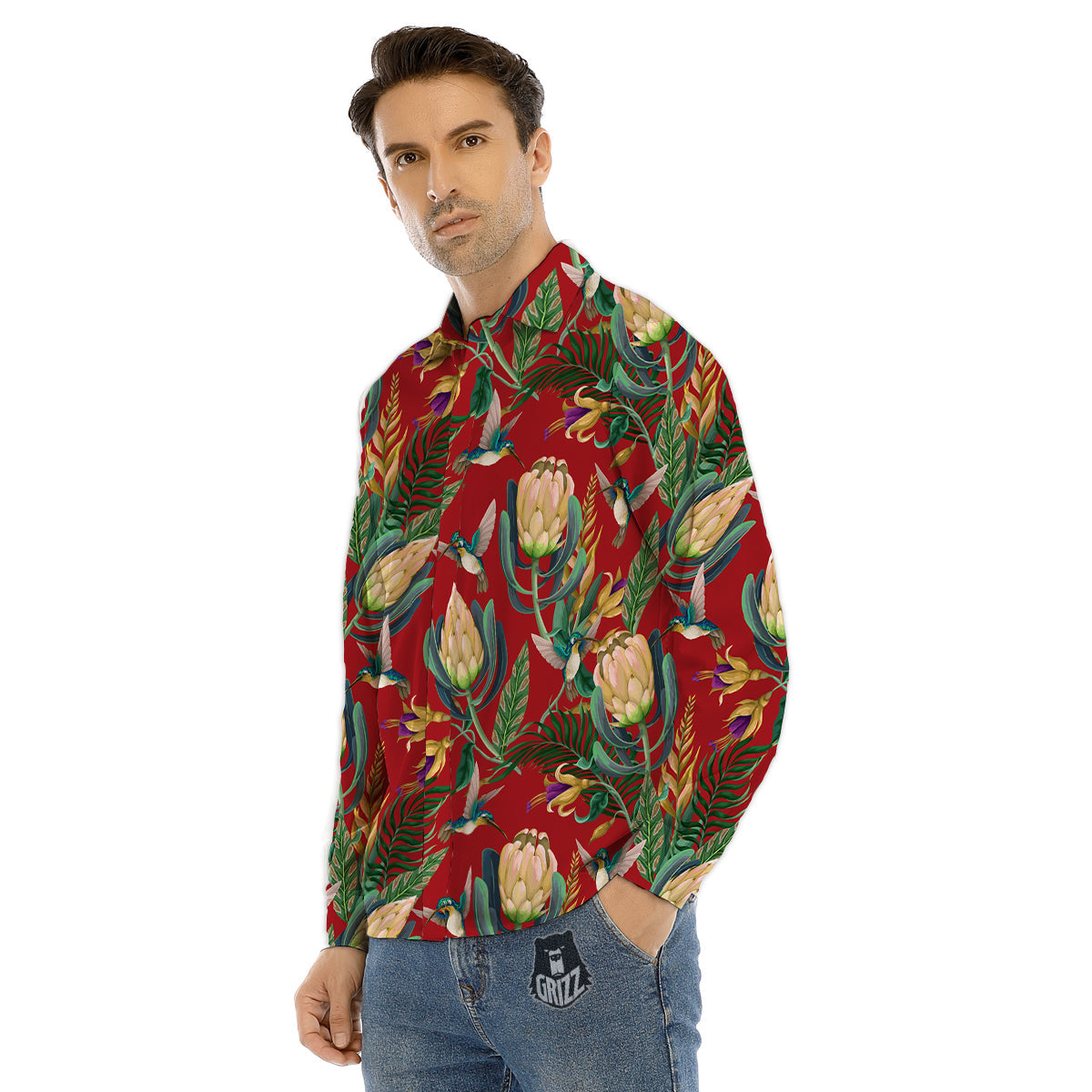 Hummingbird And Wild Flowers Print Pattern Men's Dress Shirts-grizzshop