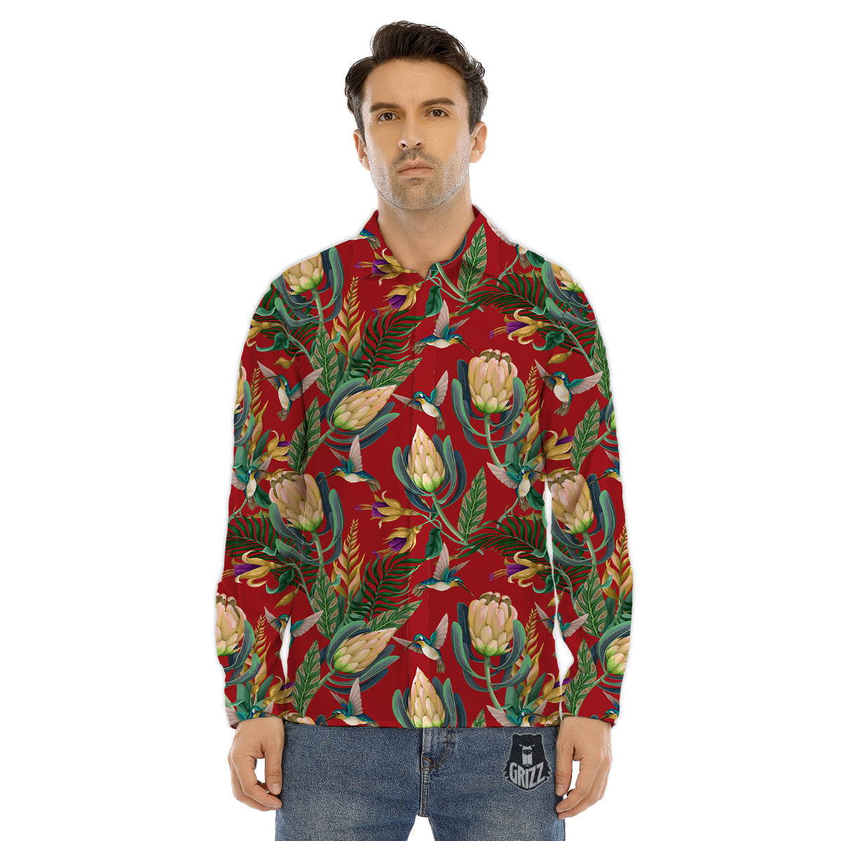 Hummingbird And Wild Flowers Print Pattern Men's Dress Shirts-grizzshop