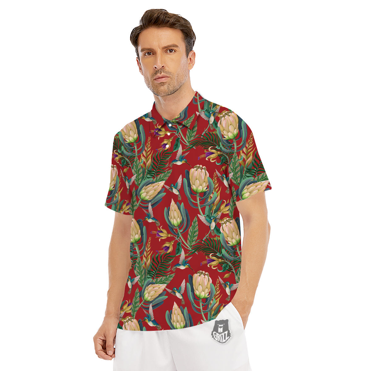 Hummingbird And Wild Flowers Print Pattern Men's Golf Shirts-grizzshop