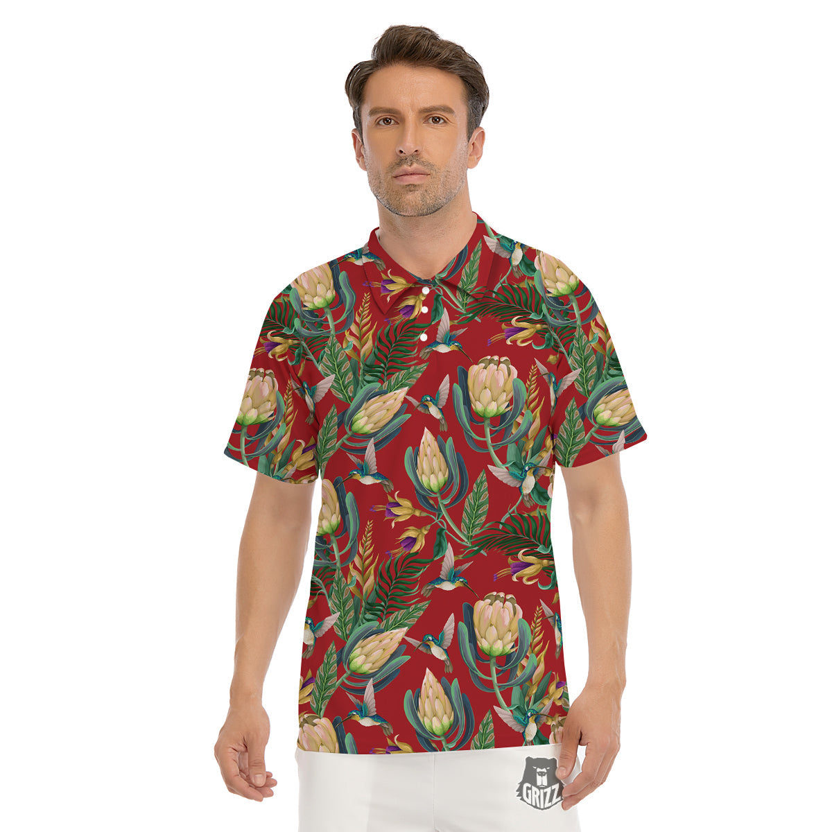 Hummingbird And Wild Flowers Print Pattern Men's Golf Shirts-grizzshop