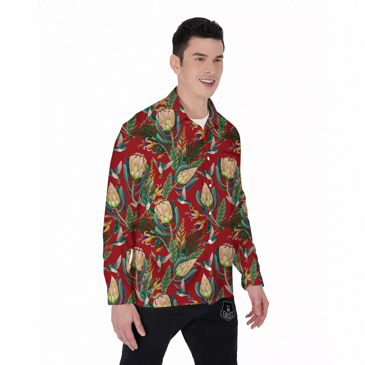 Hummingbird And Wild Flowers Print Pattern Men's Long Sleeve Shirts-grizzshop