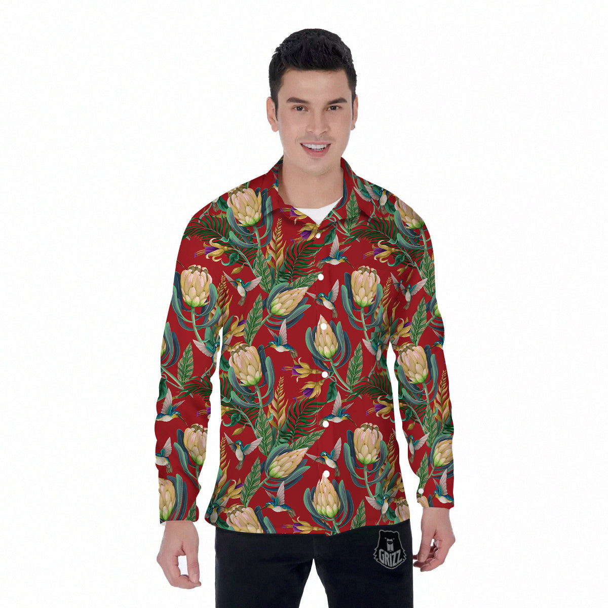 Hummingbird And Wild Flowers Print Pattern Men's Long Sleeve Shirts-grizzshop