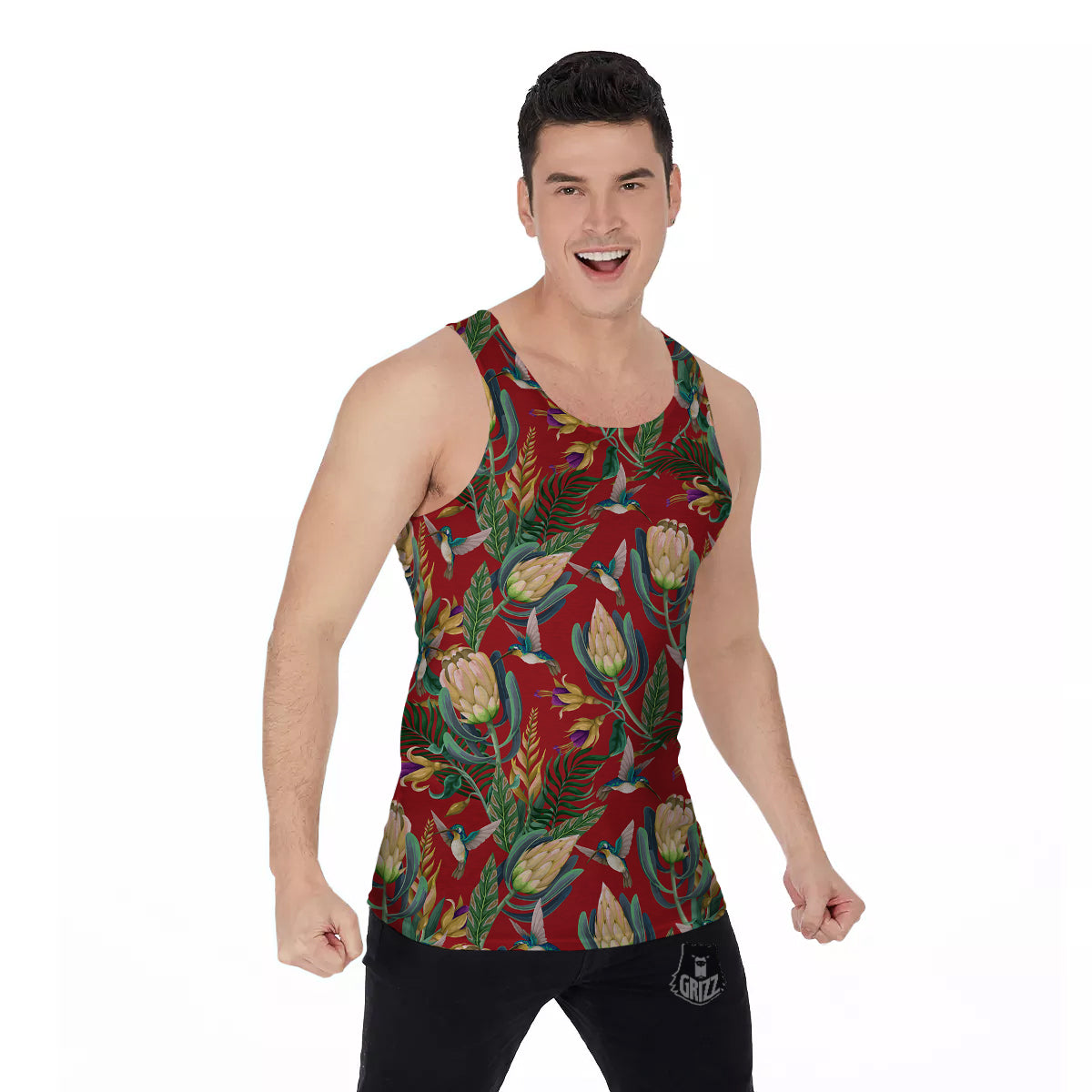 Hummingbird And Wild Flowers Print Pattern Men's Tank Top-grizzshop