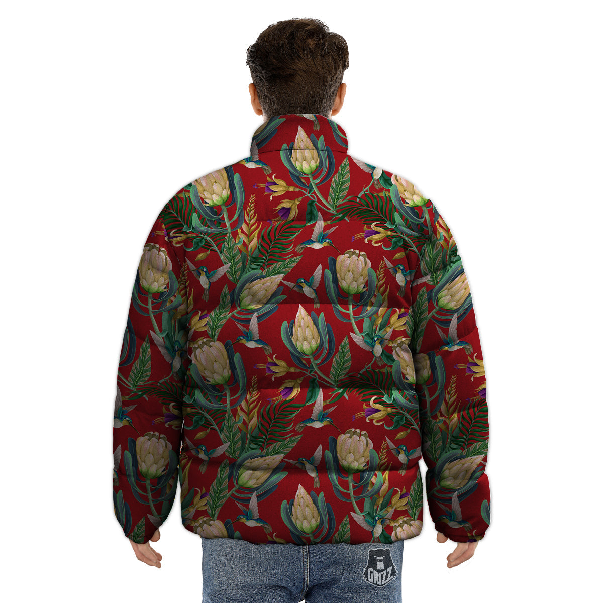 Hummingbird And Wild Flowers Print Pattern Puffer Jacket-grizzshop