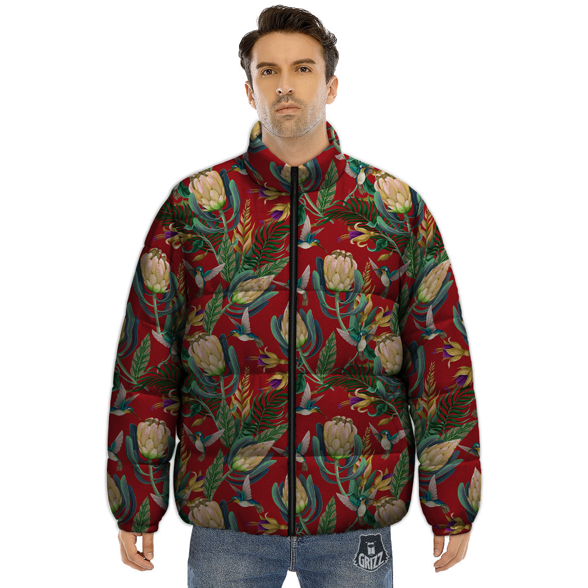 Hummingbird And Wild Flowers Print Pattern Puffer Jacket-grizzshop