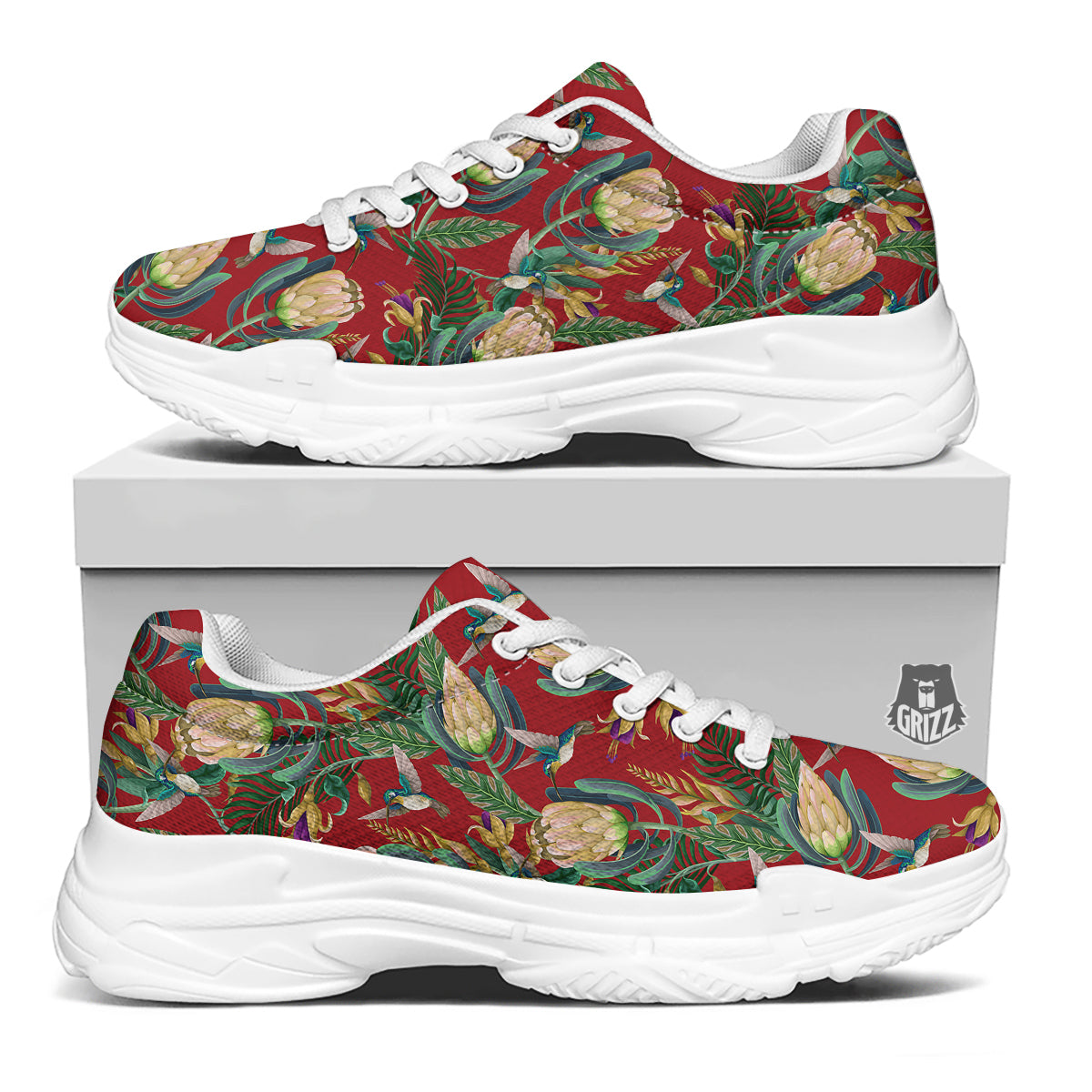 Hummingbird And Wild Flowers Print Pattern White Chunky Shoes-grizzshop