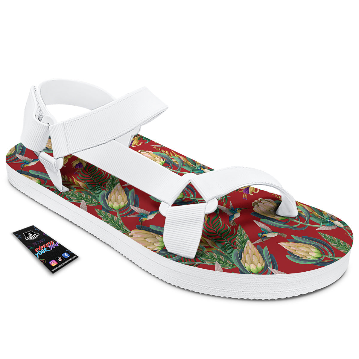 Hummingbird And Wild Flowers Print Pattern White Open Toe Sandals-grizzshop