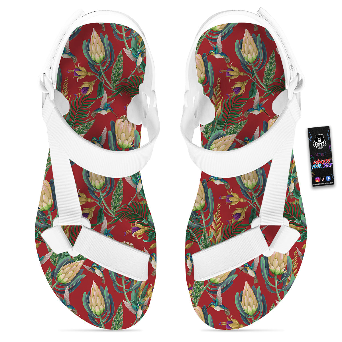Hummingbird And Wild Flowers Print Pattern White Open Toe Sandals-grizzshop
