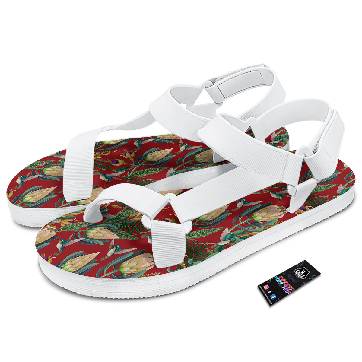 Hummingbird And Wild Flowers Print Pattern White Open Toe Sandals-grizzshop