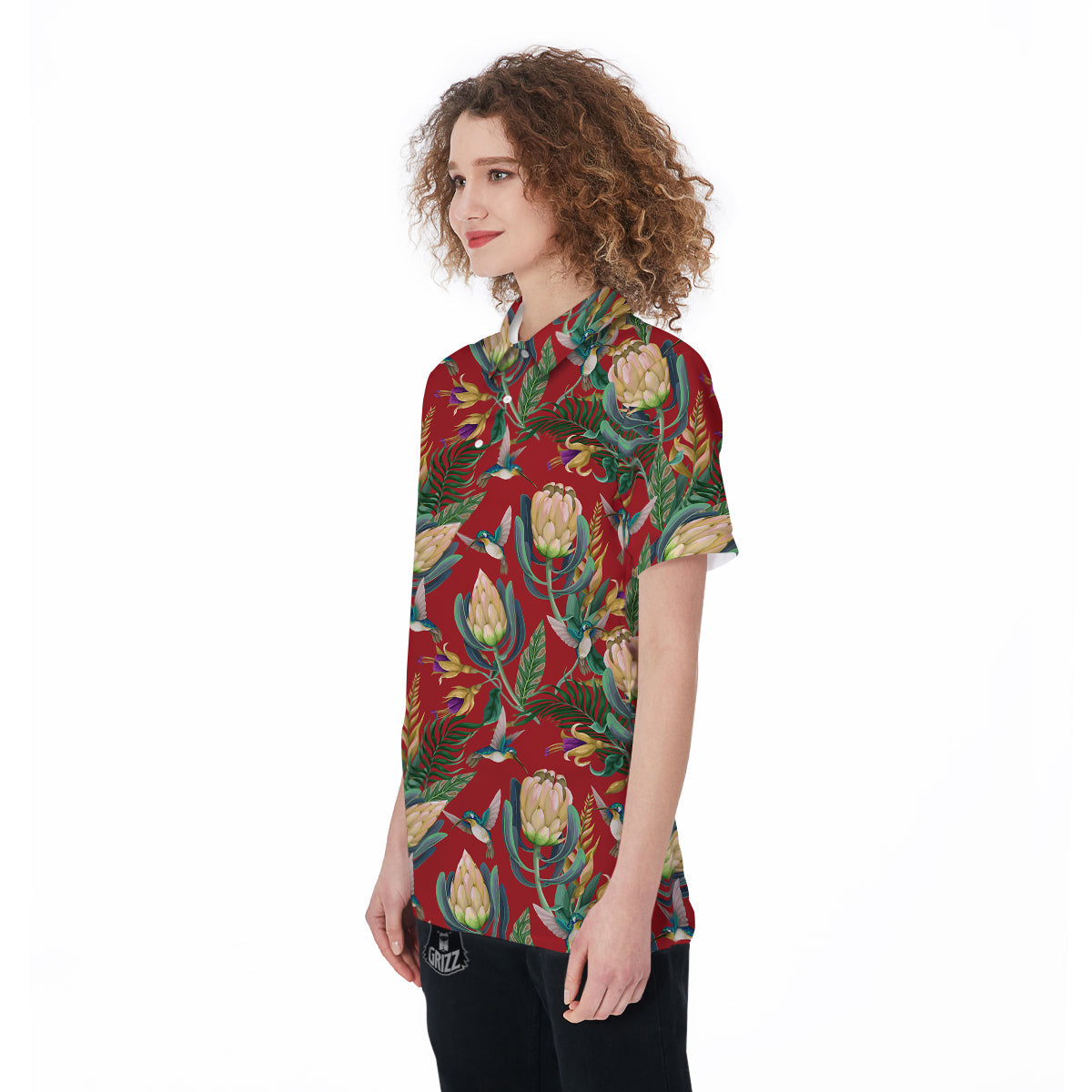 Hummingbird And Wild Flowers Print Pattern Women's Golf Shirts-grizzshop