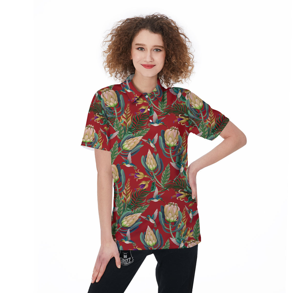 Hummingbird And Wild Flowers Print Pattern Women's Golf Shirts-grizzshop