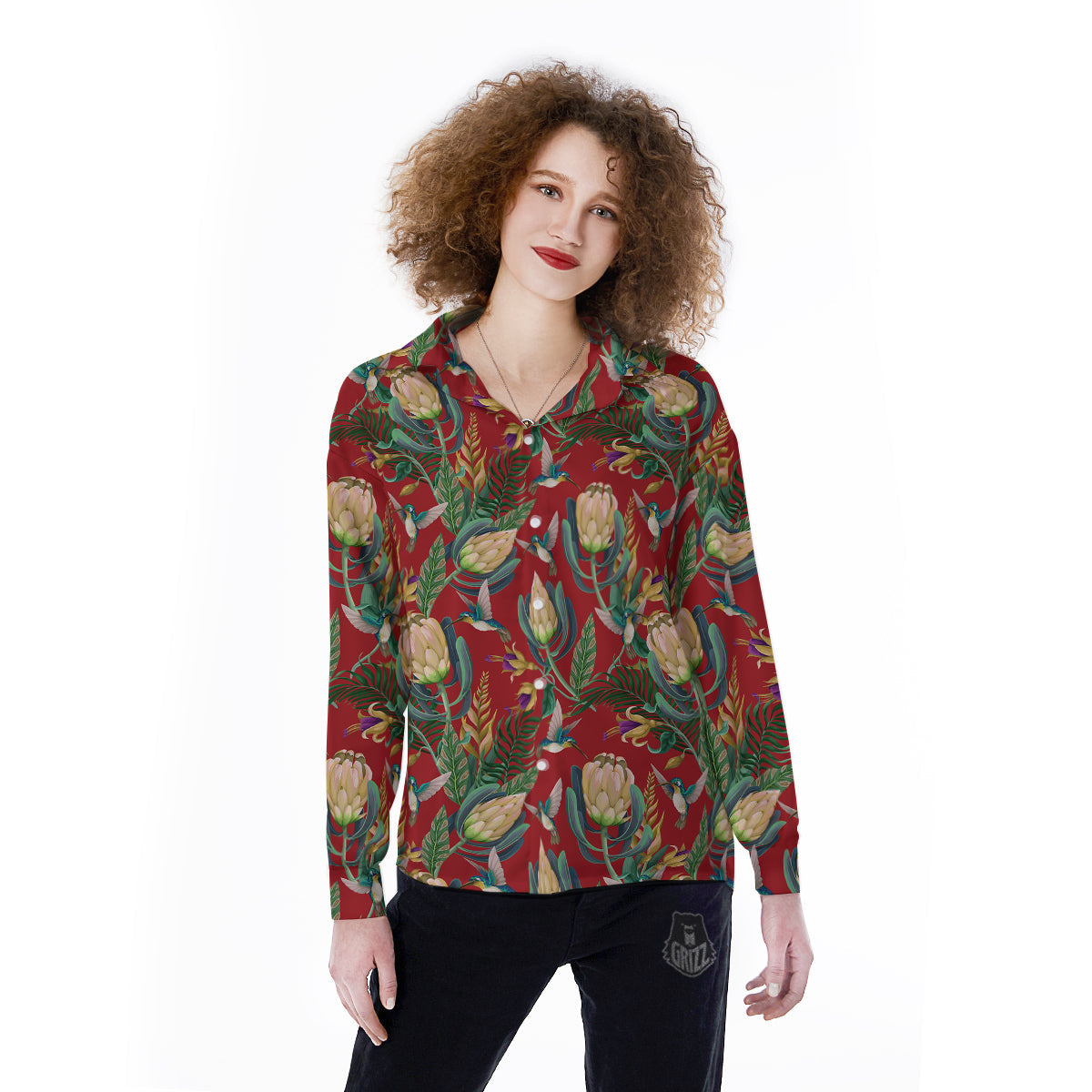 Hummingbird And Wild Flowers Print Pattern Women's Long Sleeve Shirts-grizzshop