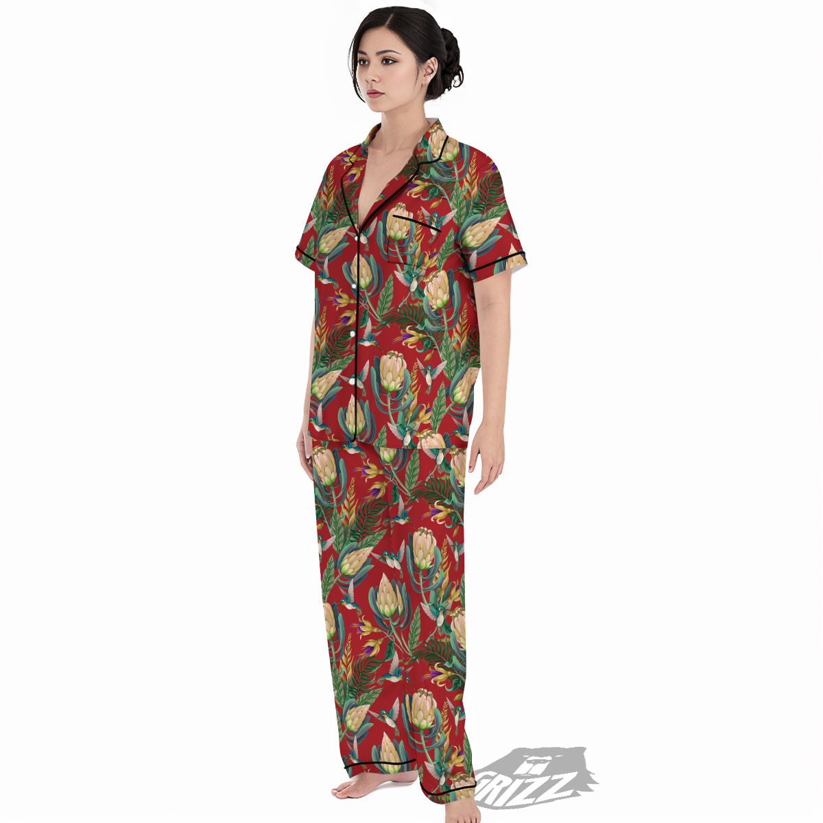 Hummingbird And Wild Flowers Print Pattern Women's Pajamas Set-grizzshop