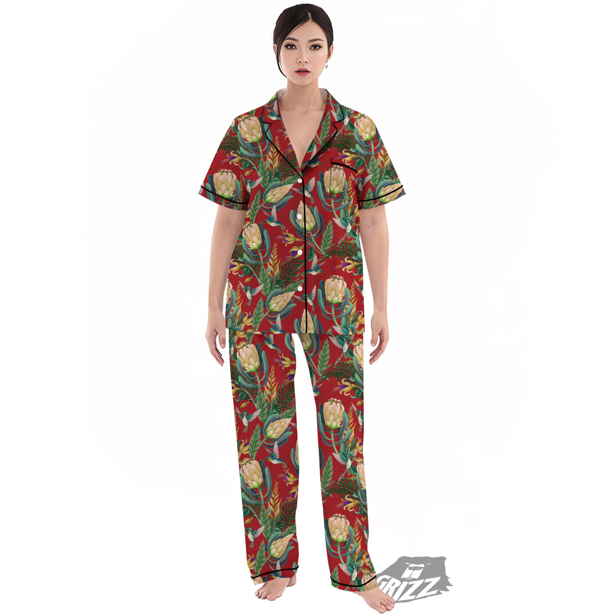Hummingbird And Wild Flowers Print Pattern Women's Pajamas Set-grizzshop