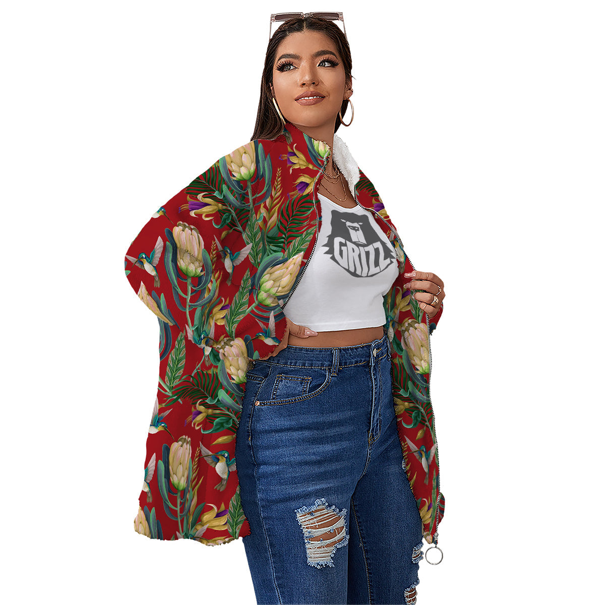 Hummingbird And Wild Flowers Print Pattern Women's Sherpa Jacket-grizzshop