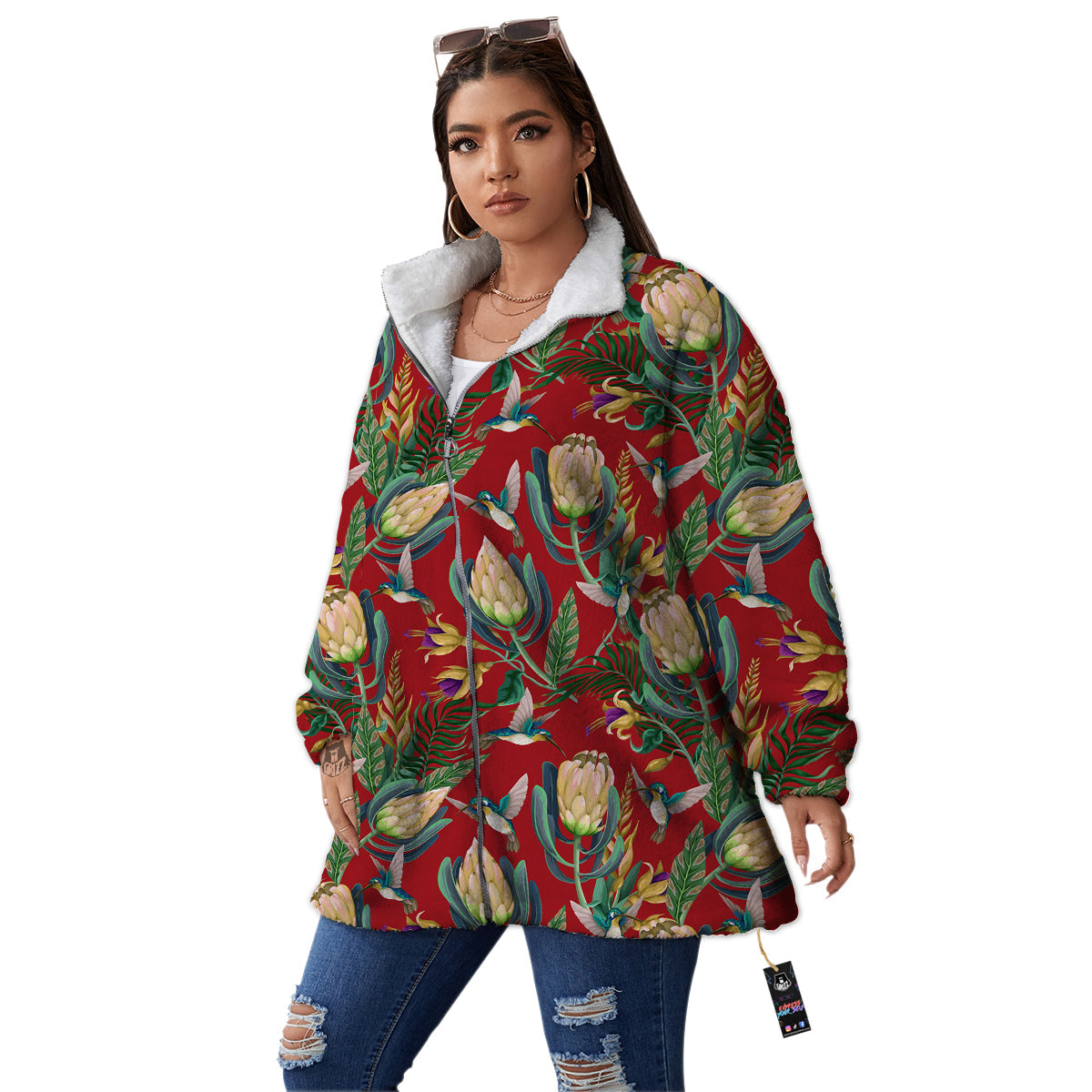 Hummingbird And Wild Flowers Print Pattern Women's Sherpa Jacket-grizzshop