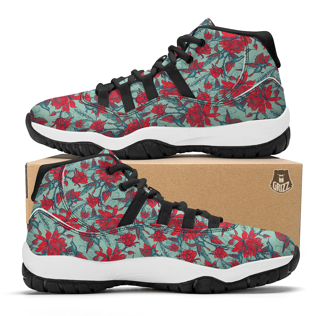 Hummingbird Floral Black Bball Shoes-grizzshop