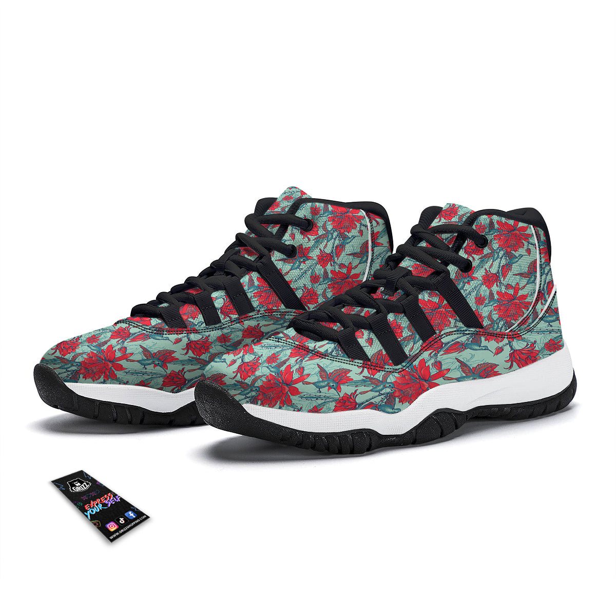 Hummingbird Floral Black Bball Shoes-grizzshop