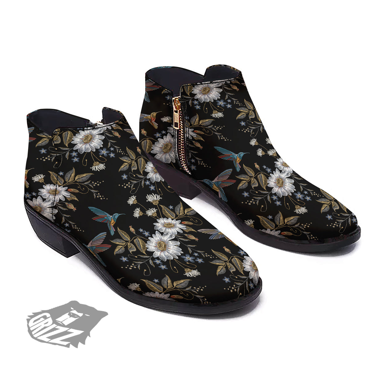 Hummingbird Floral Vintage Print Pattern Ankle Boots-grizzshop