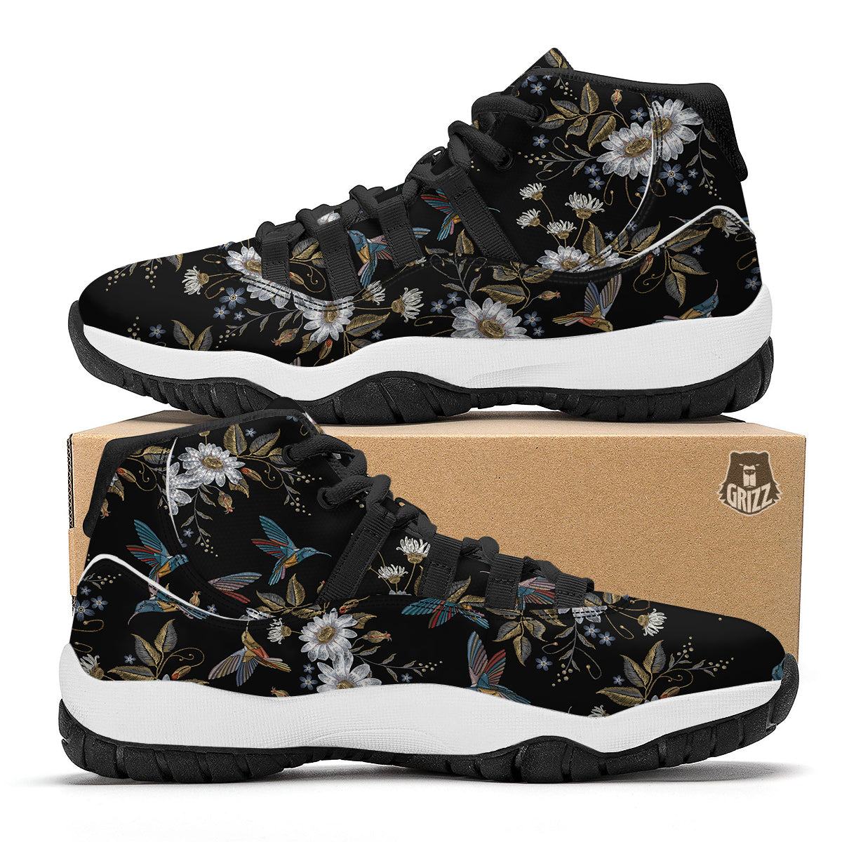 Hummingbird Floral Vintage Print Pattern Black Bball Shoes-grizzshop