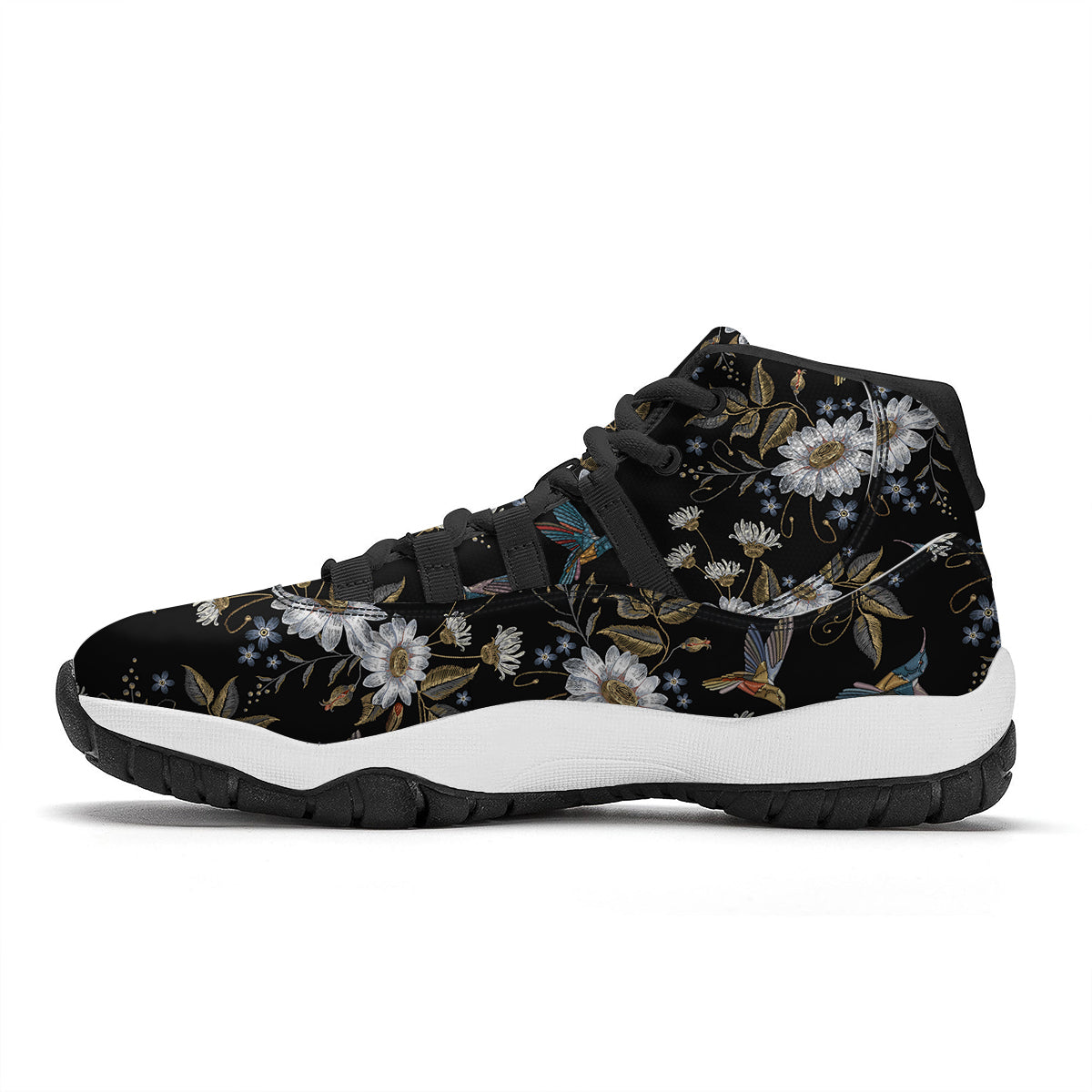 Hummingbird Floral Vintage Print Pattern Black Bball Shoes-grizzshop