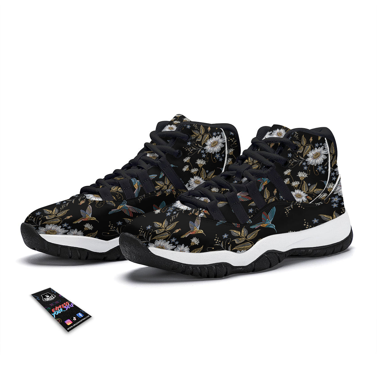 Hummingbird Floral Vintage Print Pattern Black Bball Shoes-grizzshop