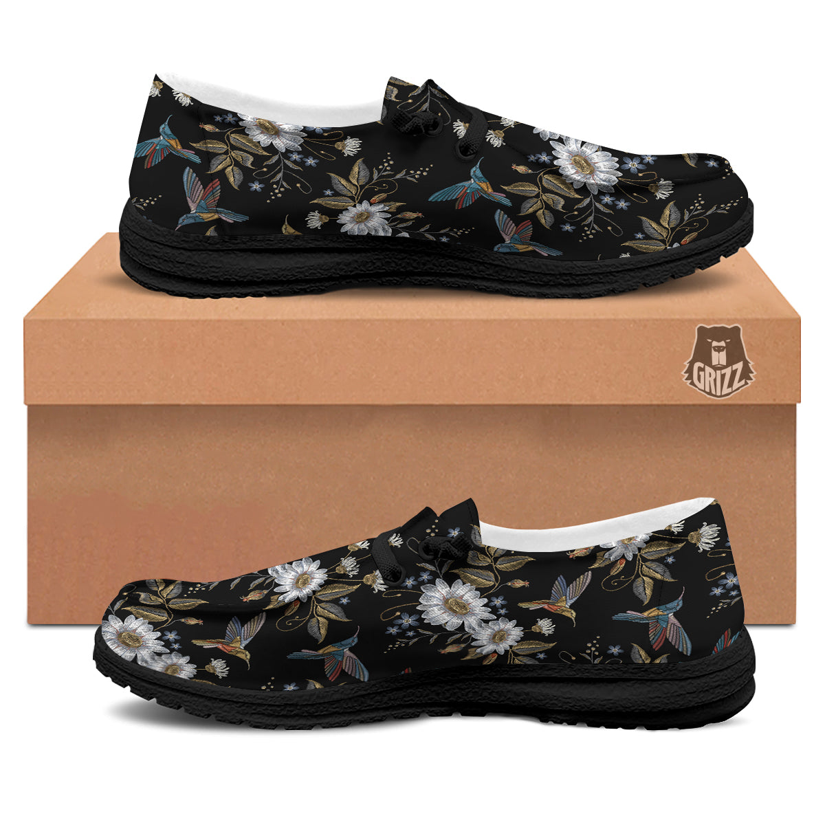 Hummingbird Floral Vintage Print Pattern Black Loafers-grizzshop