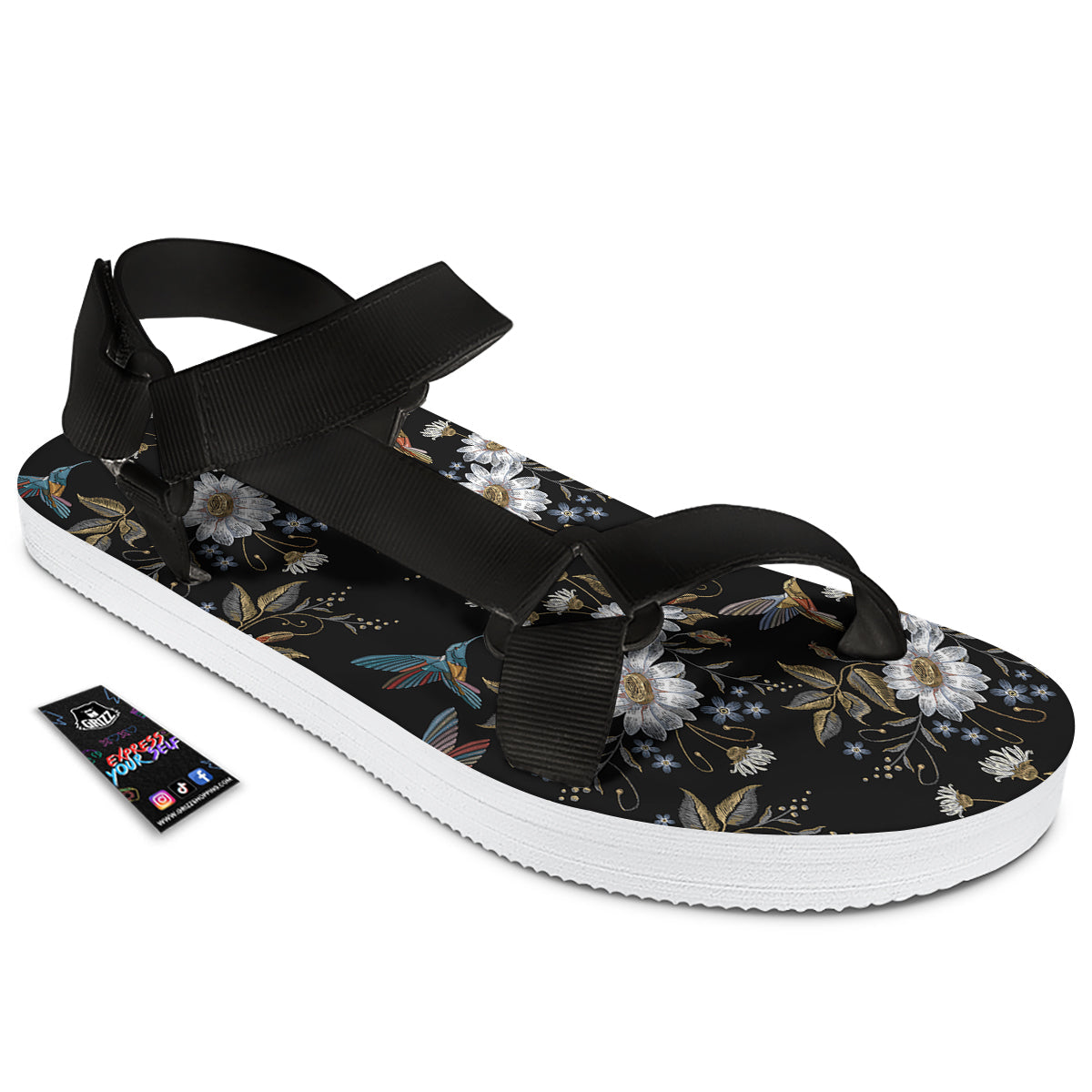 Hummingbird Floral Vintage Print Pattern Black Open Toe Sandals-grizzshop
