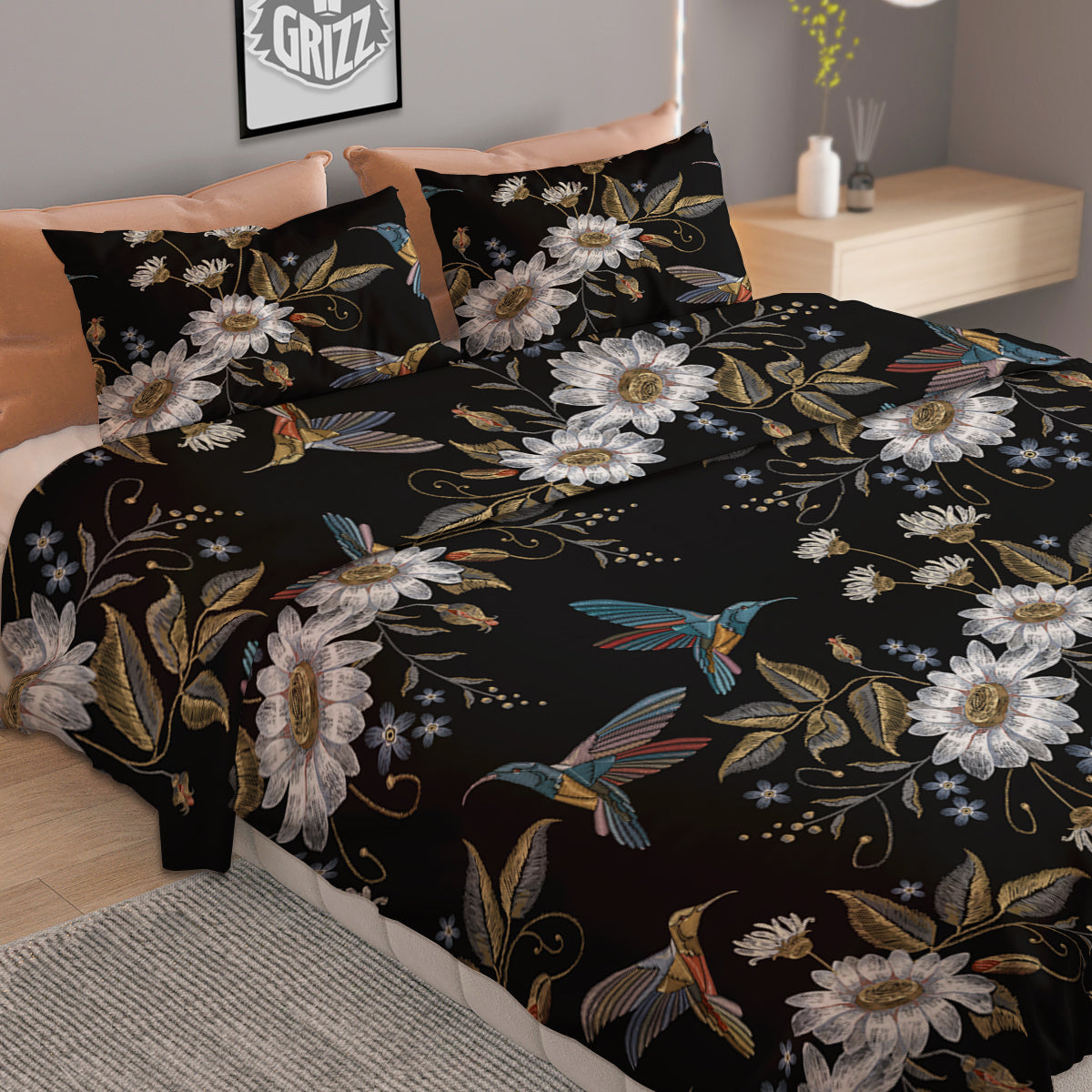 Hummingbird Floral Vintage Print Pattern Duvet Cover Bedding Set