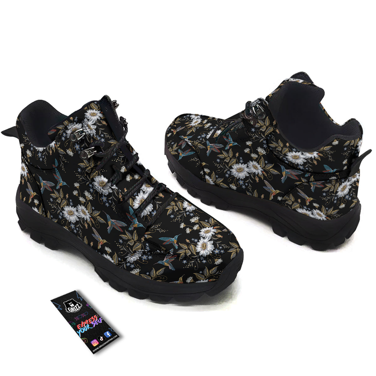 Hummingbird Floral Vintage Print Pattern Hiking Shoes-grizzshop