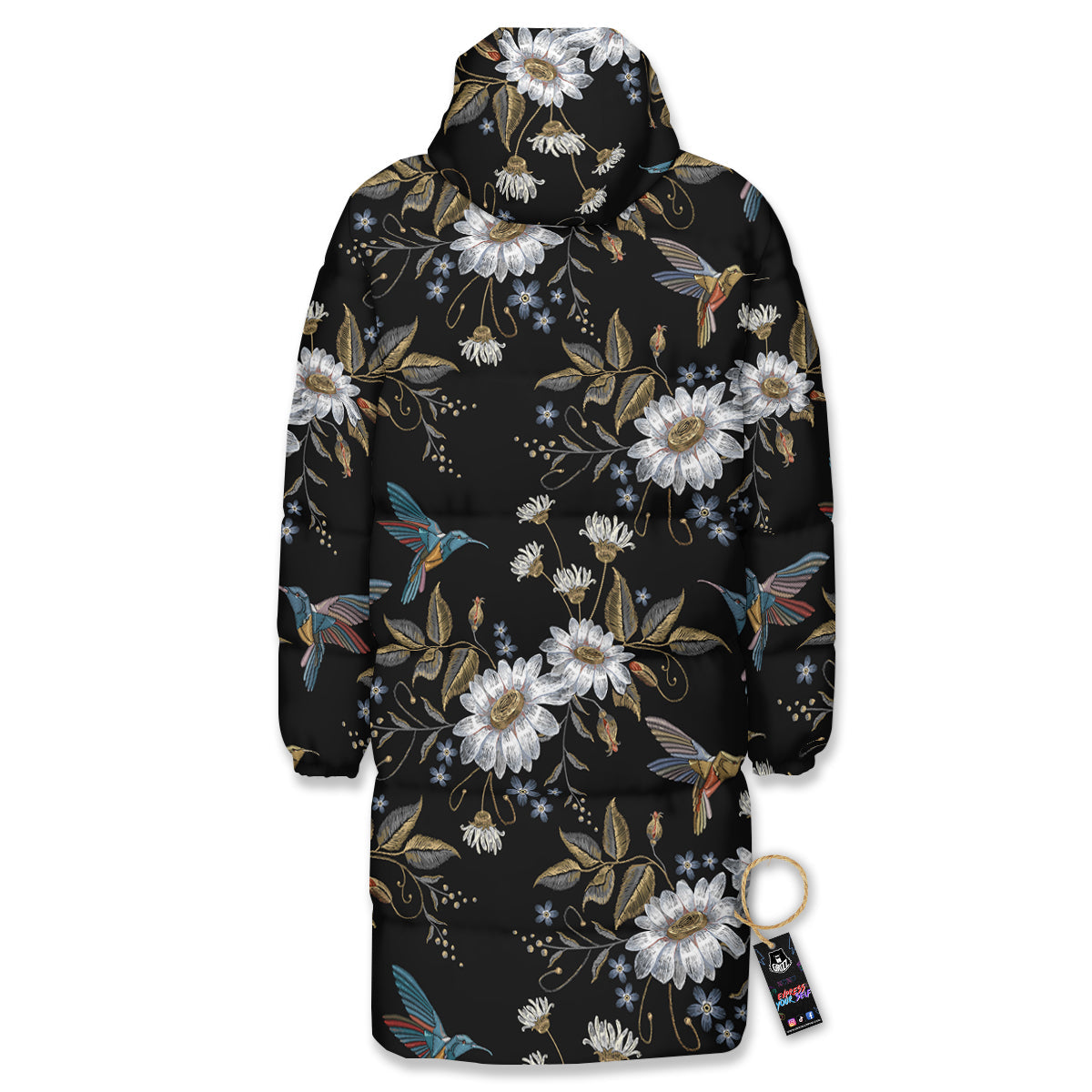 Hummingbird Floral Vintage Print Pattern Long Down Jacket-grizzshop