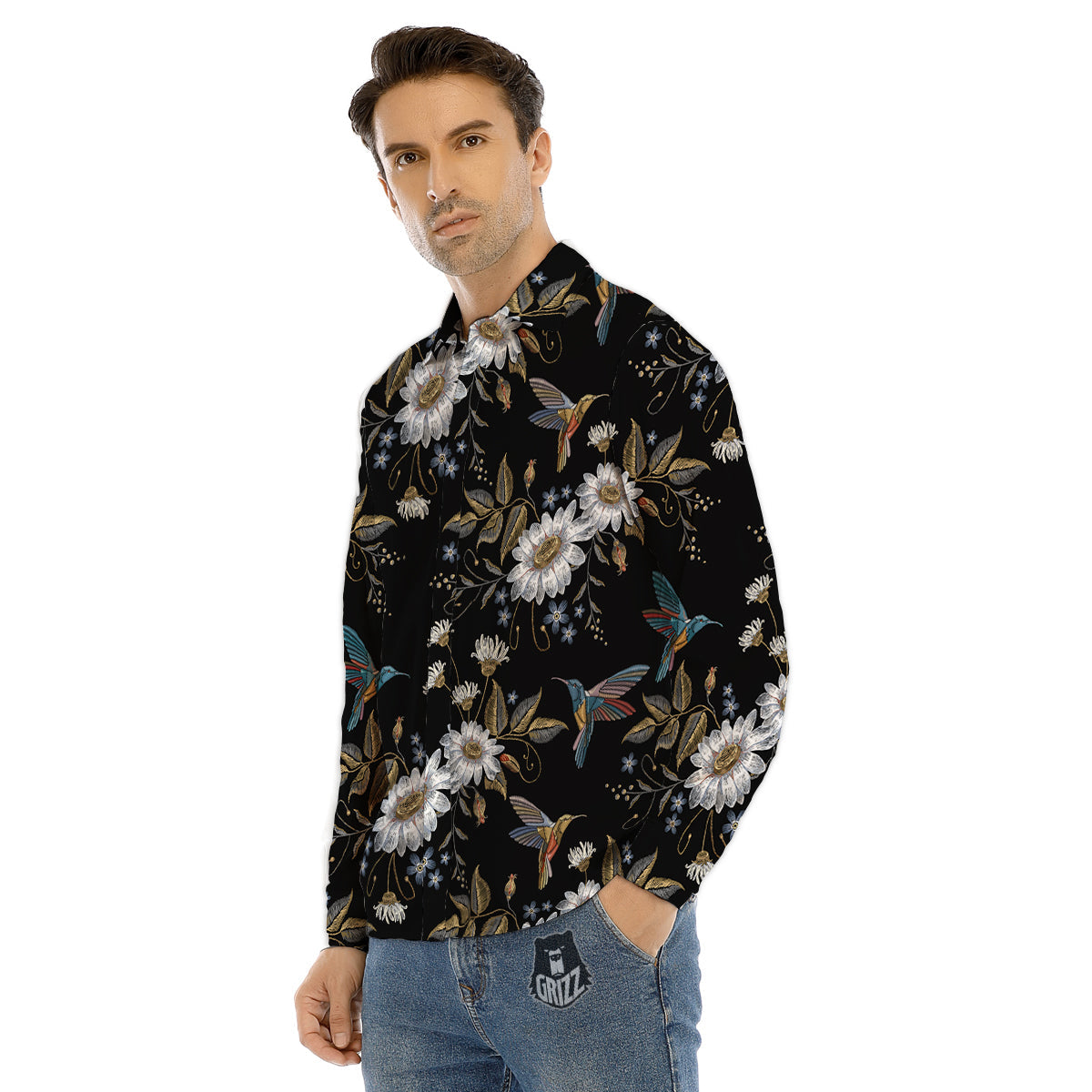 Hummingbird Floral Vintage Print Pattern Men's Dress Shirts-grizzshop