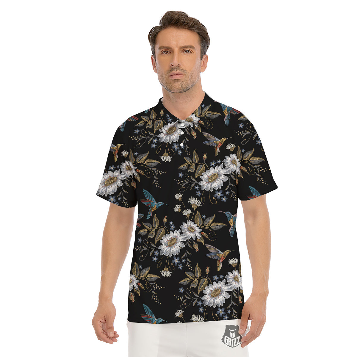 Hummingbird Floral Vintage Print Pattern Men's Golf Shirts-grizzshop