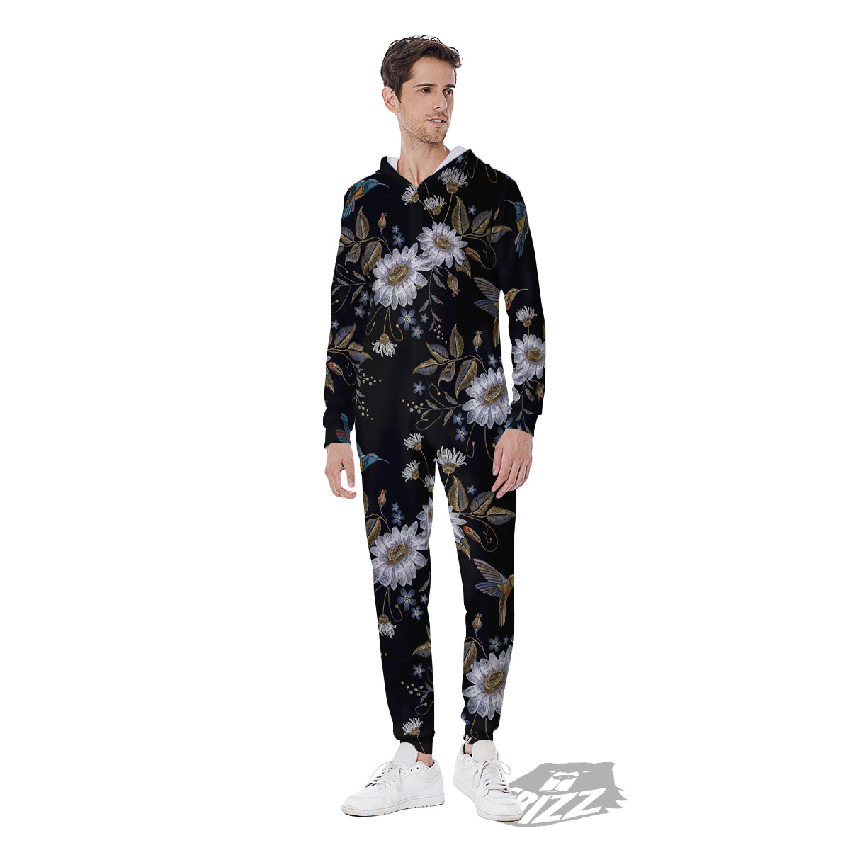 Hummingbird Floral Vintage Print Pattern Men's Jumpsuit-grizzshop
