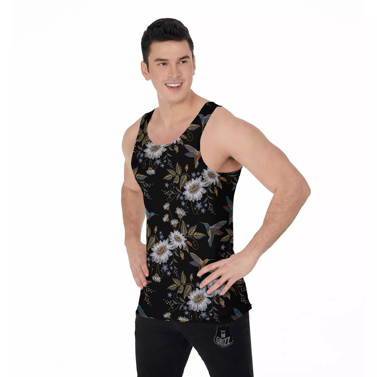 Hummingbird Floral Vintage Print Pattern Men's Tank Top-grizzshop