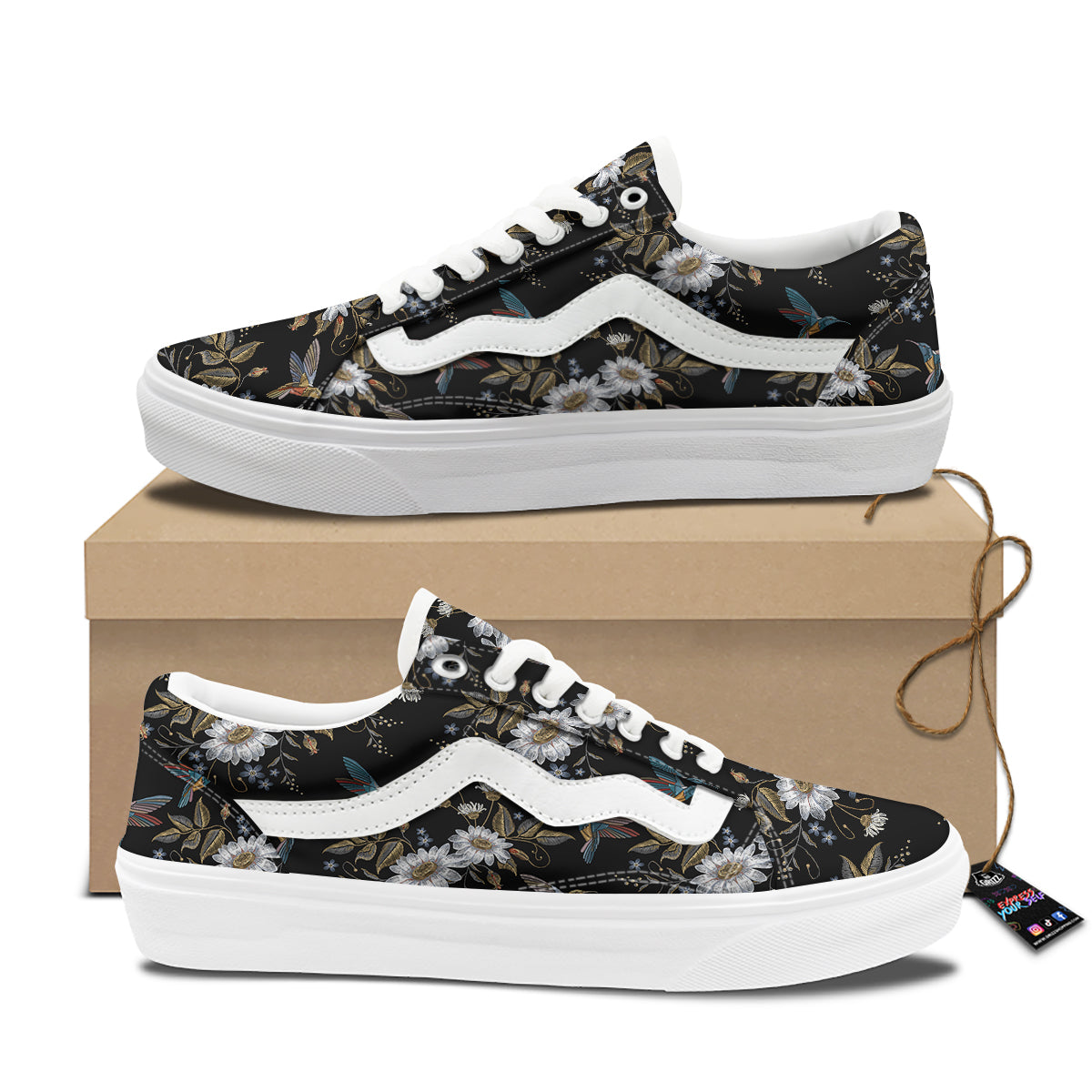 Hummingbird Floral Vintage Print Pattern Skate Shoes-grizzshop