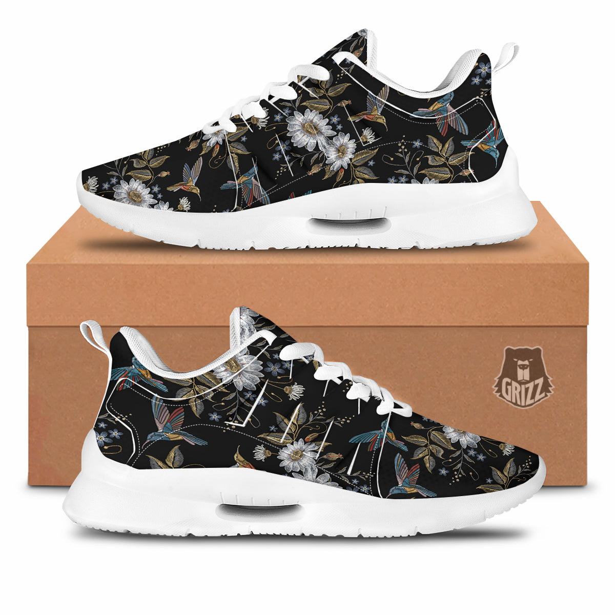 Hummingbird Floral Vintage Print Pattern Tennis Shoes-grizzshop